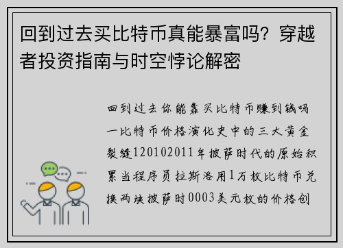 回到过去买比特币真能暴富吗？穿越者投资指南与时空悖论解密