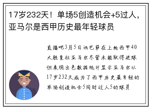 17岁232天！单场5创造机会+5过人，亚马尔是西甲历史最年轻球员
