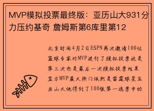 MVP模拟投票最终版：亚历山大931分力压约基奇 詹姆斯第6库里第12